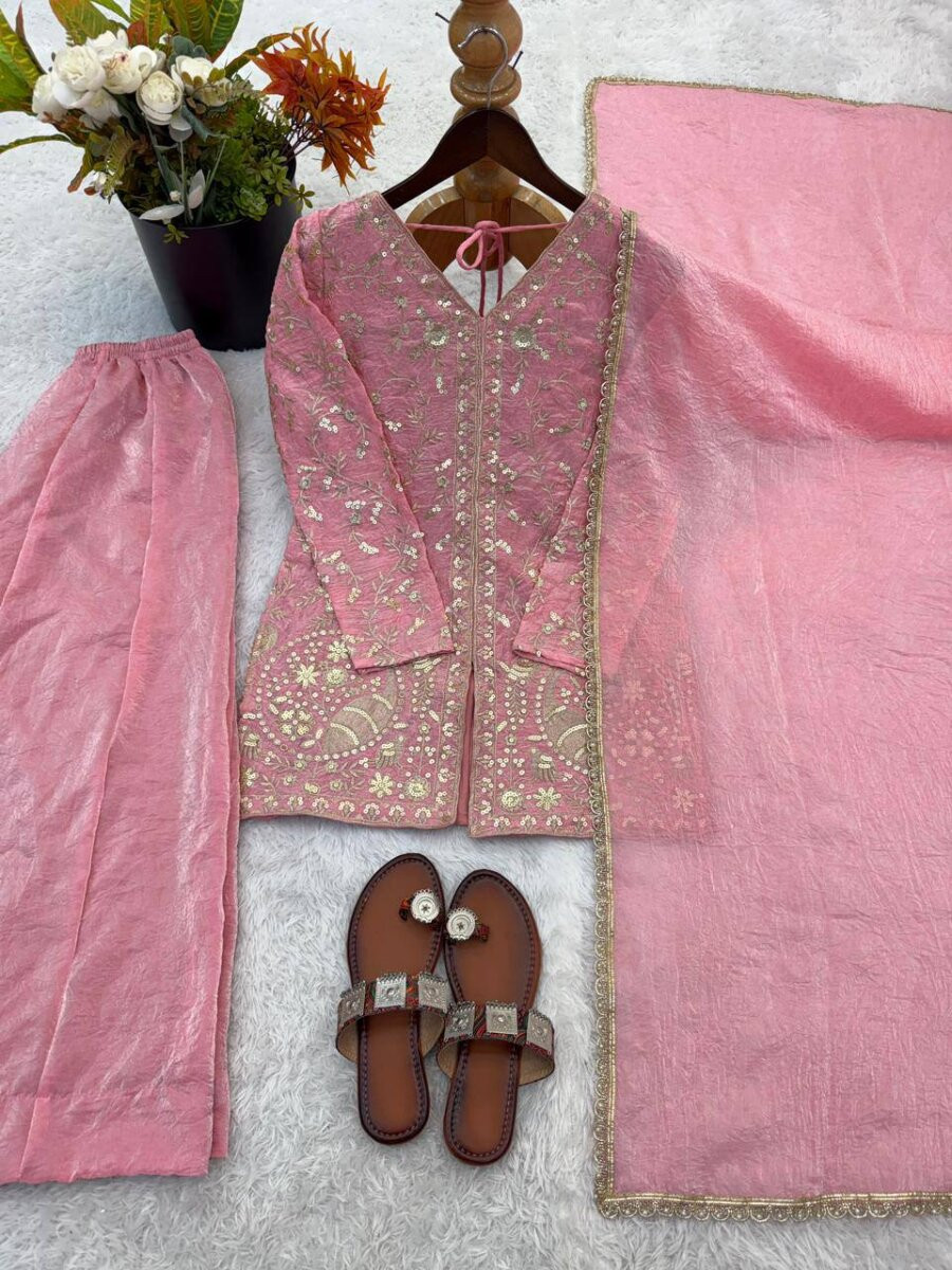 Light Pink Pure Fendy Silk Embroidery Sequins Wedding Party Festival Casual Ready Palazzo Pant Salwar Kameez