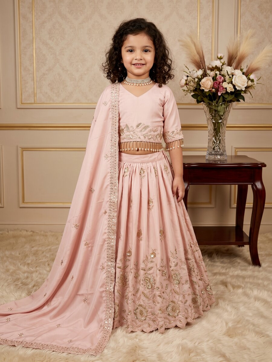 Light Pink Pure Heavy Natural Crep Embroidered Sequins Ethnic Casual Festival Party Wedding Lehengas Girls Wear