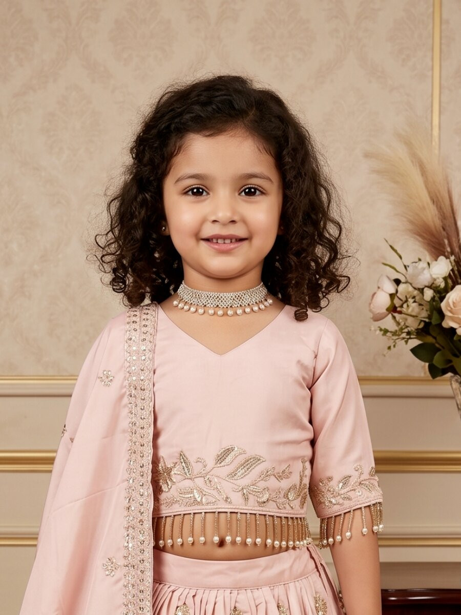 Light Pink Pure Heavy Natural Crep Embroidered Sequins Ethnic Casual Festival Party Wedding Lehengas Girls Wear