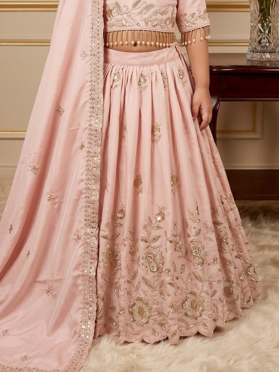 Light Pink Pure Heavy Natural Crep Embroidered Sequins Ethnic Casual Festival Party Wedding Lehengas Girls Wear