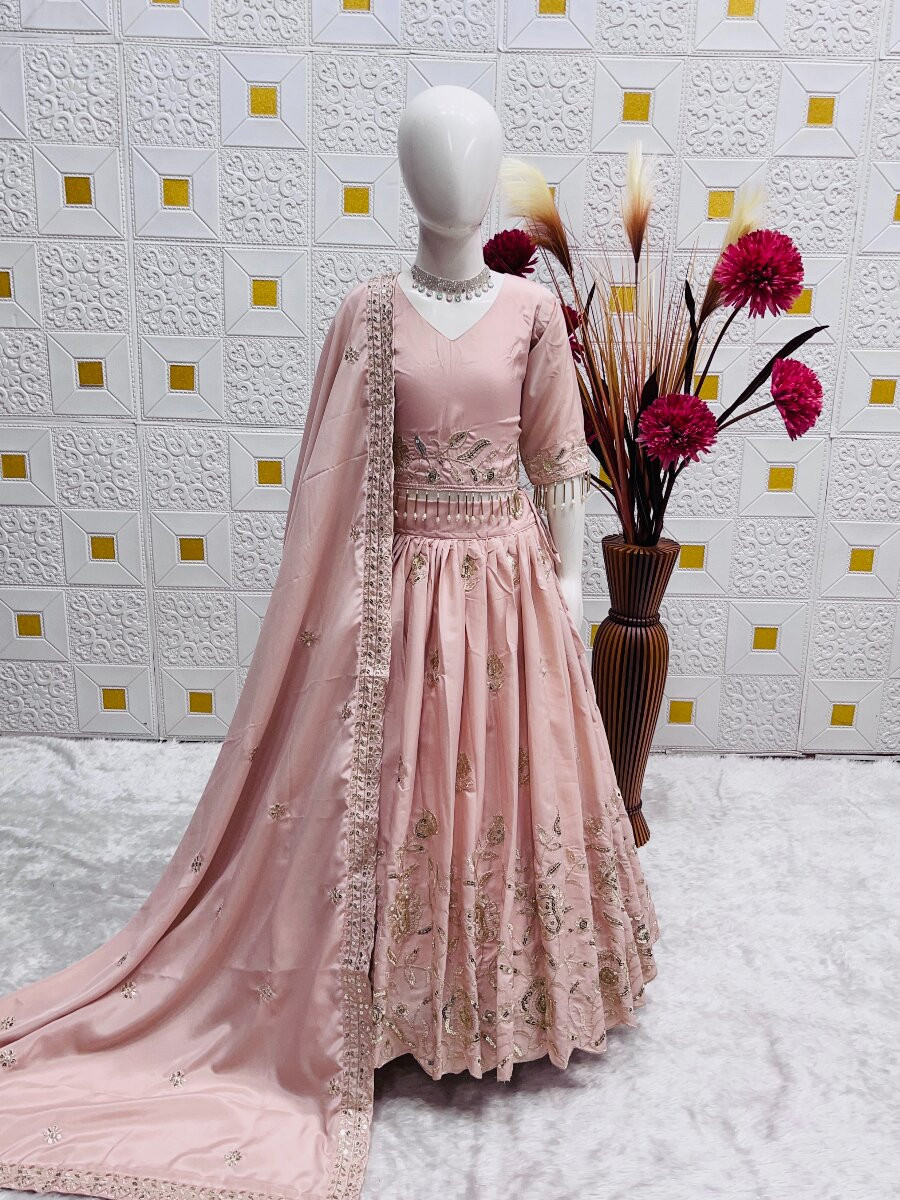 Light Pink Pure Heavy Natural Crep Embroidered Sequins Ethnic Casual Festival Party Wedding Lehengas Girls Wear