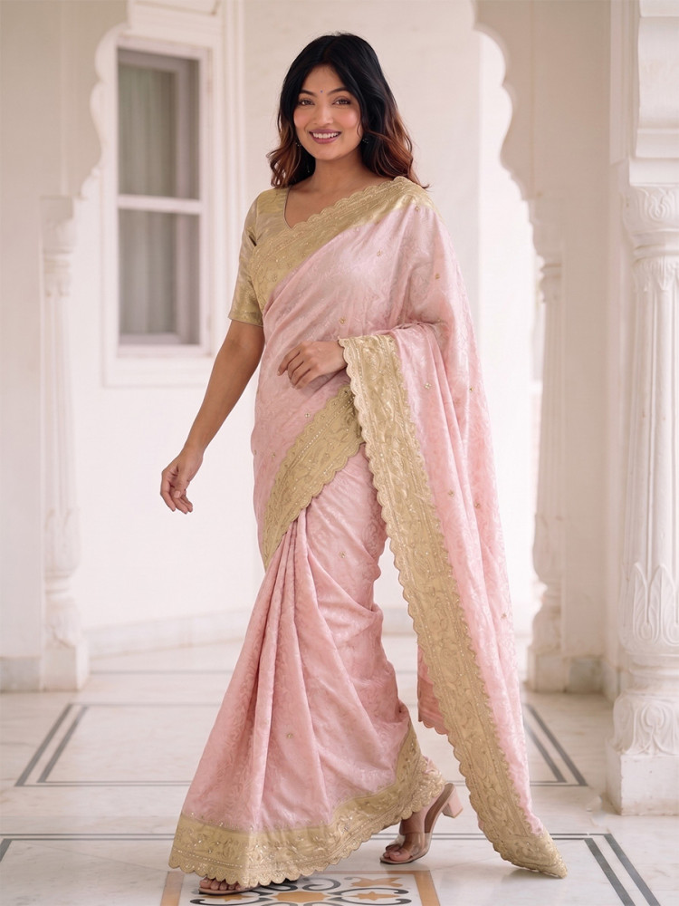 Image of Light Pink Pure Kanjivarm Silk Embroidery Wedding Reception Party Festival Casual Heavy Border Sarees