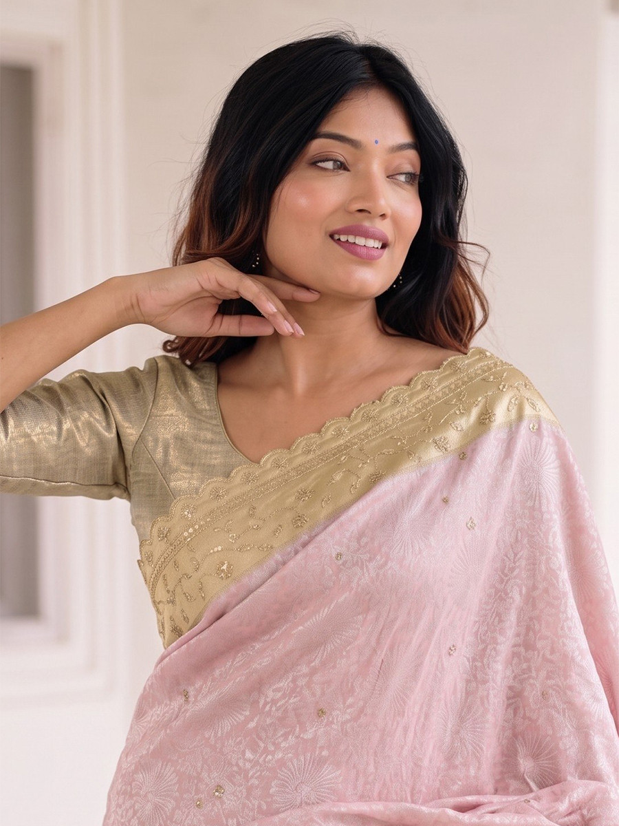 Light Pink Pure Kanjivarm Silk Embroidery Wedding Reception Party Festival Casual Heavy Border Sarees