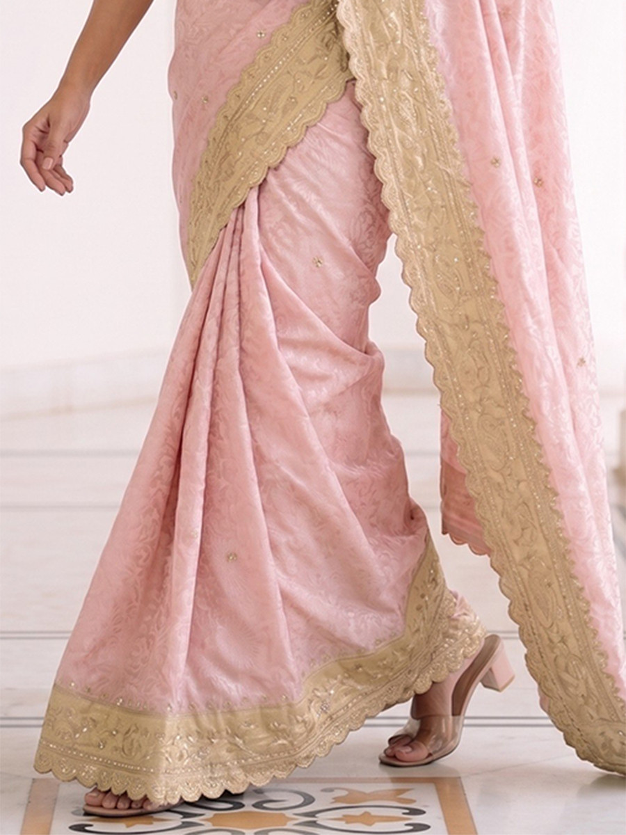 Light Pink Pure Kanjivarm Silk Embroidery Wedding Reception Party Festival Casual Heavy Border Sarees