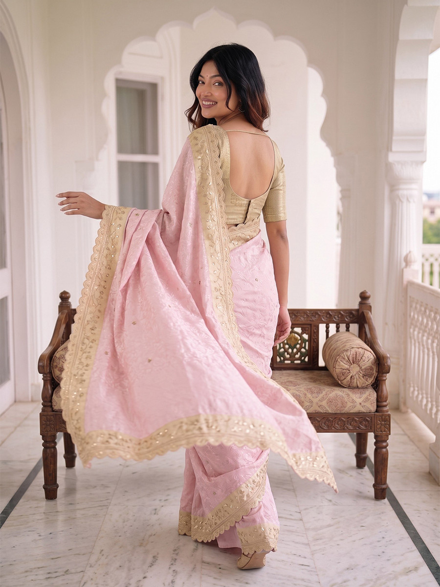 Light Pink Pure Kanjivarm Silk Embroidery Wedding Reception Party Festival Casual Heavy Border Sarees