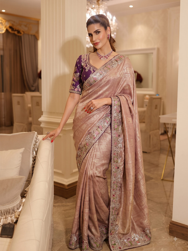 Image of Light Pink Pure Kanjivarm Silk Embroidery Wedding Reception Party Festival Casual Heavy Border Sarees