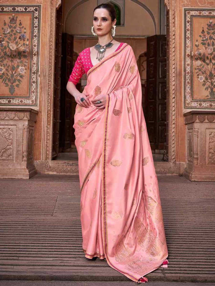 Light Pink Pure Satin Handwoven Wedding Festival Heavy Border Saree