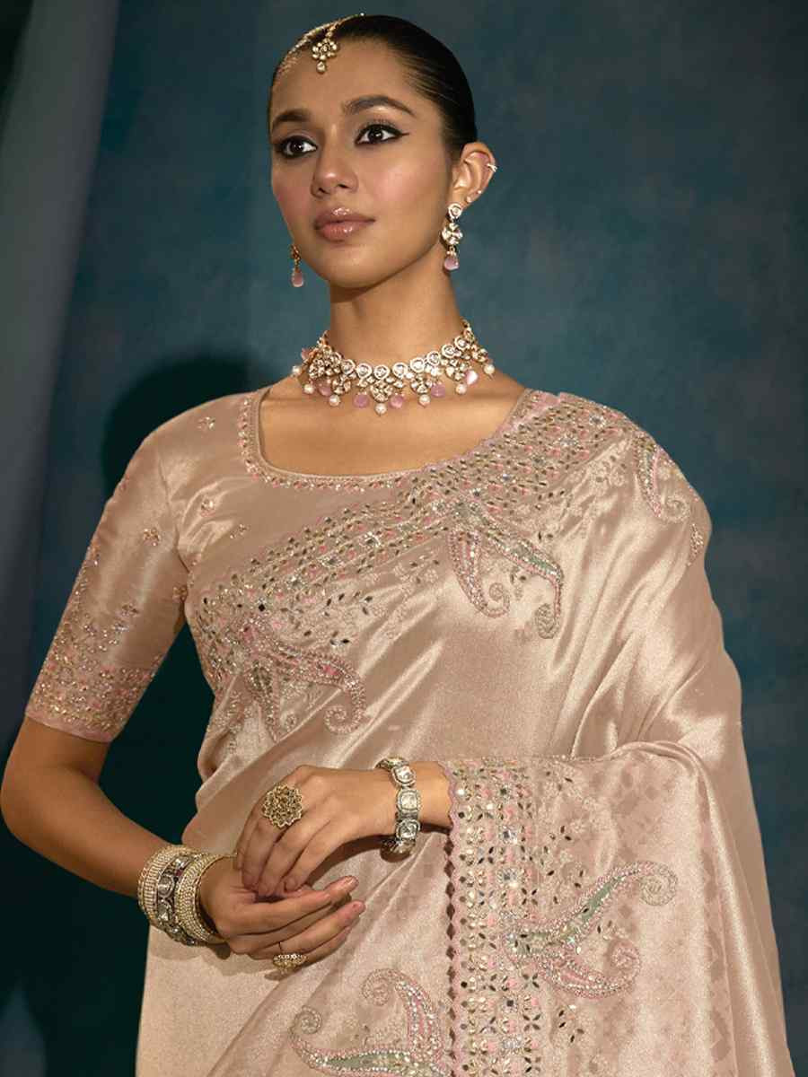 Light Pink Pure Ziraf Silk Embroidery Bridal Reception Festival Wedding Fancy Heavy Border Saree