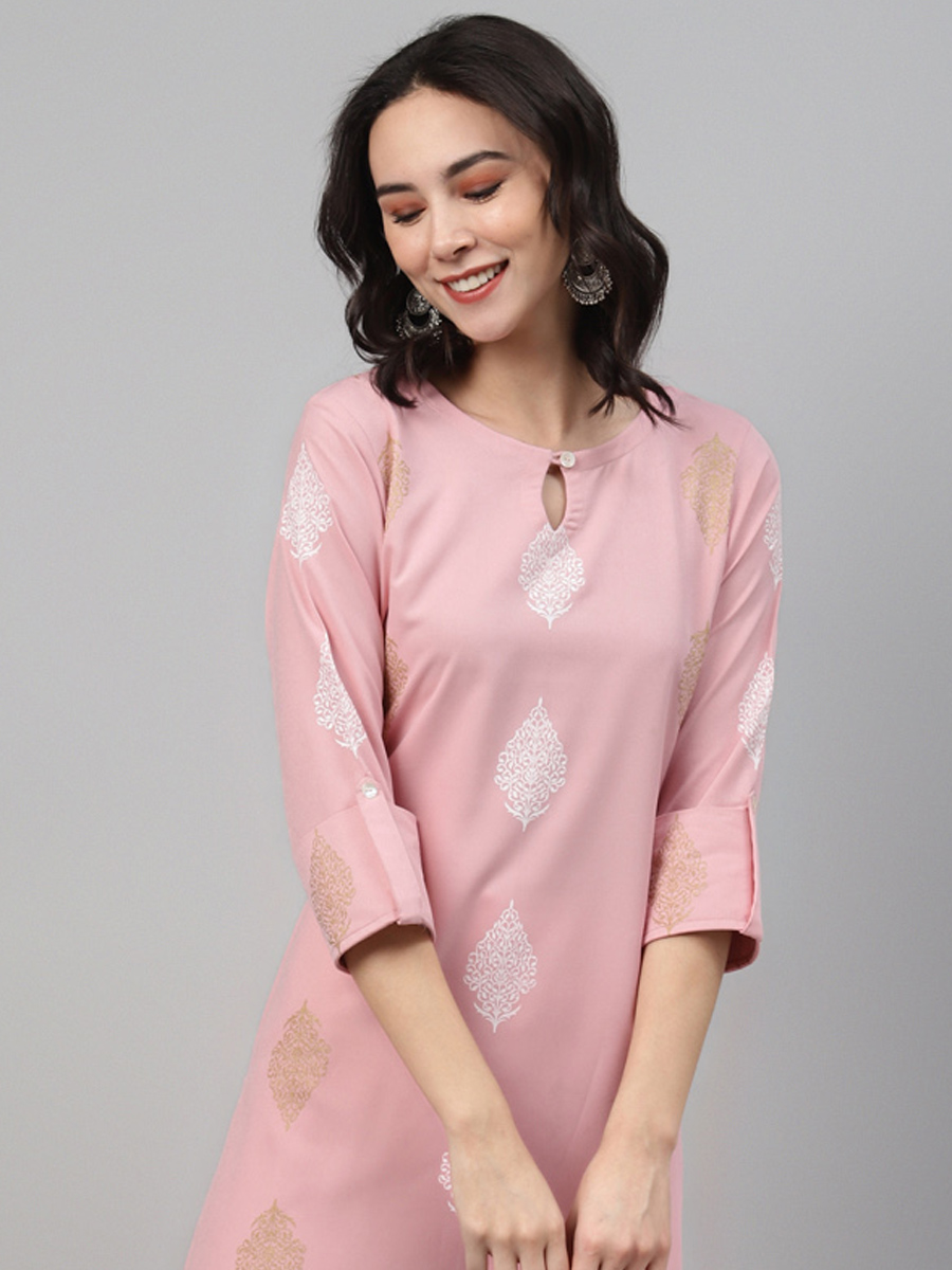 Light Pink Rayon Printed Festival Casual Kurti