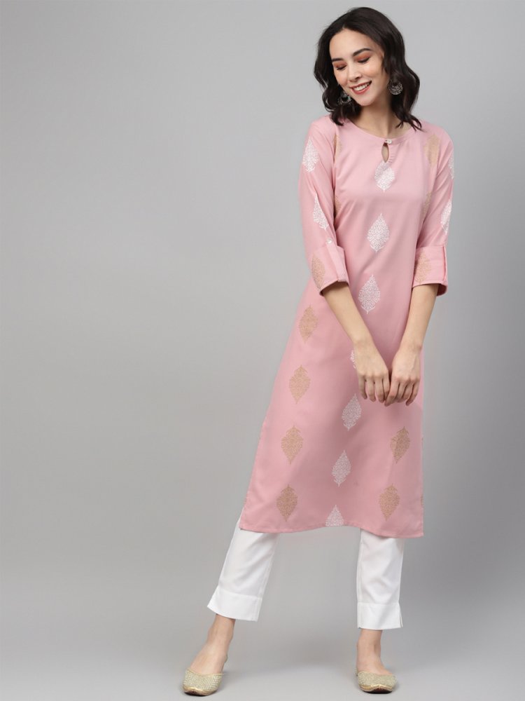 Light Pink Rayon Printed Festival Casual Kurti