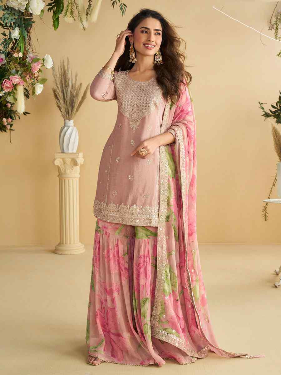 Light Pink Real Premium Chinon Silk Embroidery Party Wedding Festival Casual Ready Palazzo Pant Salwar Kameez
