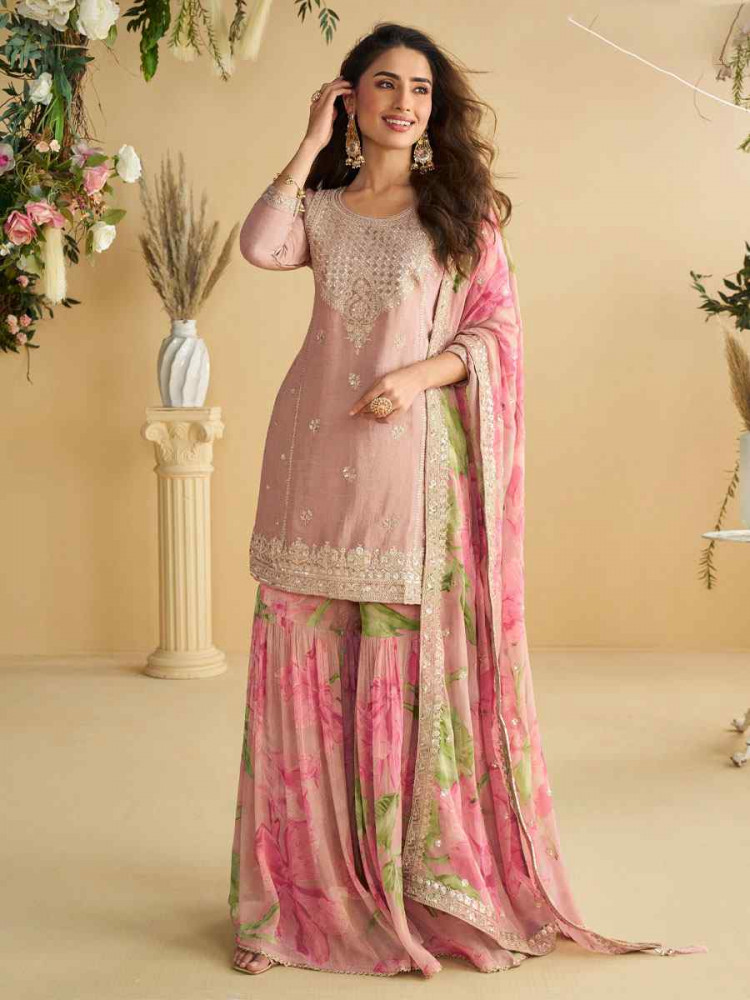 Image of Light Pink Real Premium Chinon Silk Embroidery Party Wedding Festival Casual Ready Palazzo Pant Salwar Kameez