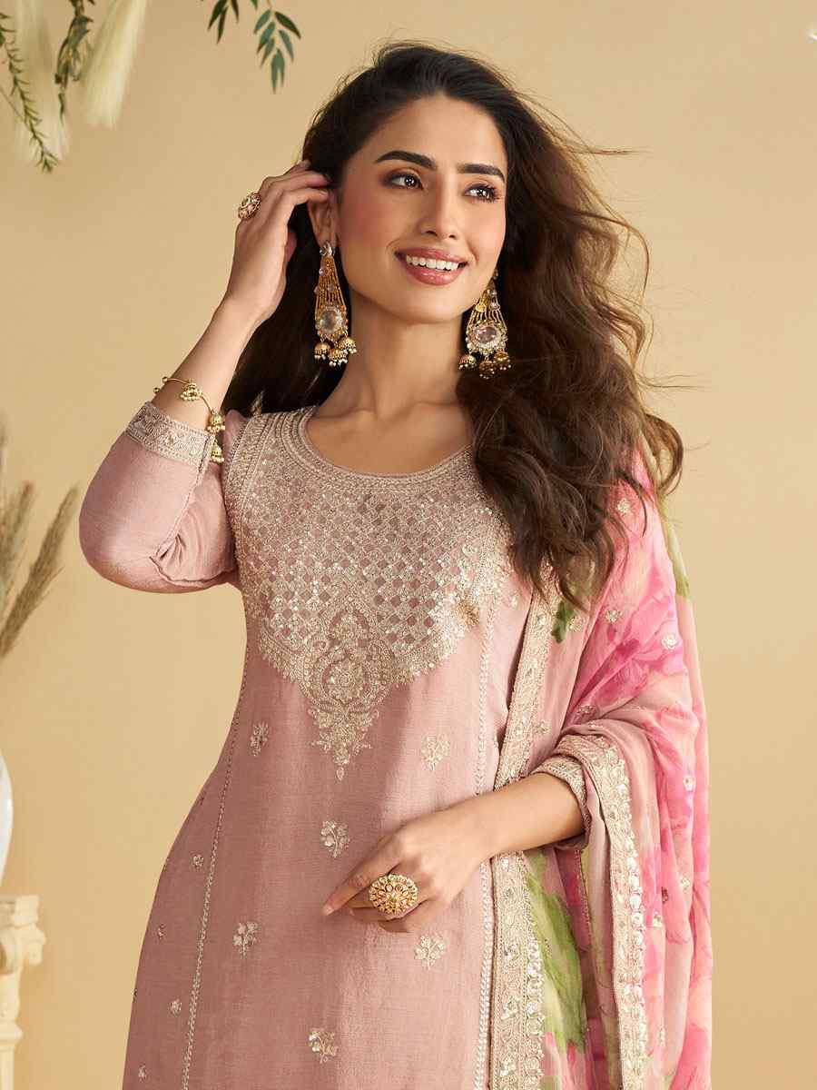 Light Pink Real Premium Chinon Silk Embroidery Party Wedding Festival Casual Ready Palazzo Pant Salwar Kameez