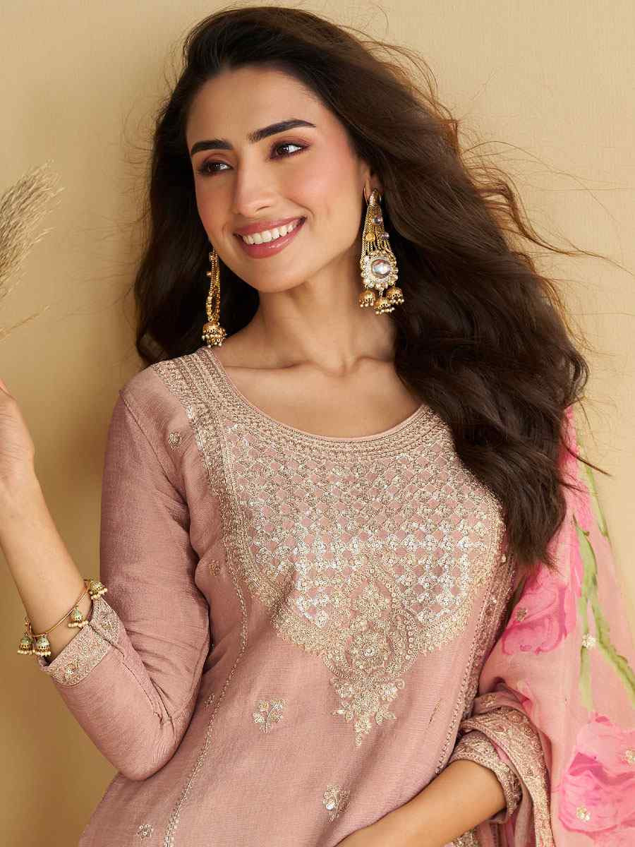 Light Pink Real Premium Chinon Silk Embroidery Party Wedding Festival Casual Ready Palazzo Pant Salwar Kameez