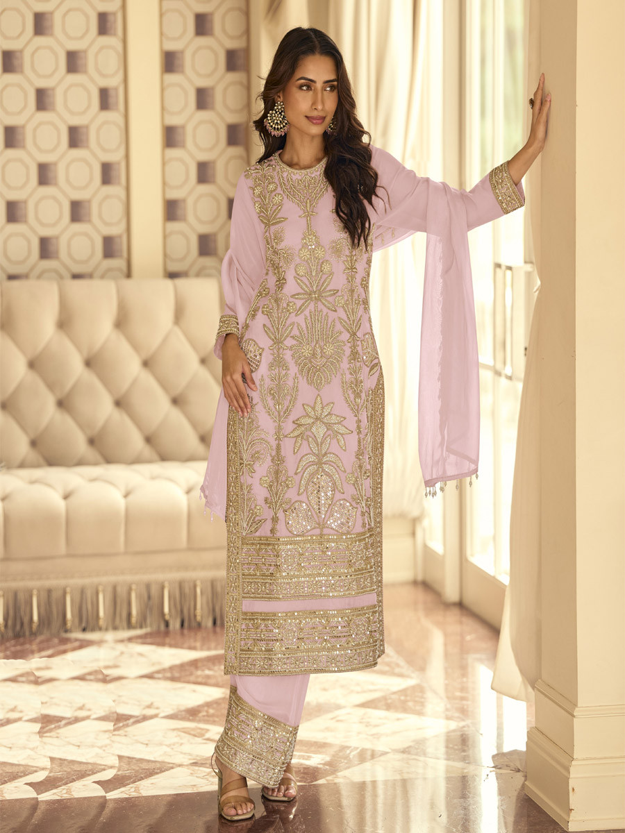 Light Pink Real Premium Georgette Heavy Embroidered Beads Work And Sequins Party Wedding Festival Casual Ready Pant Salwar Kameez