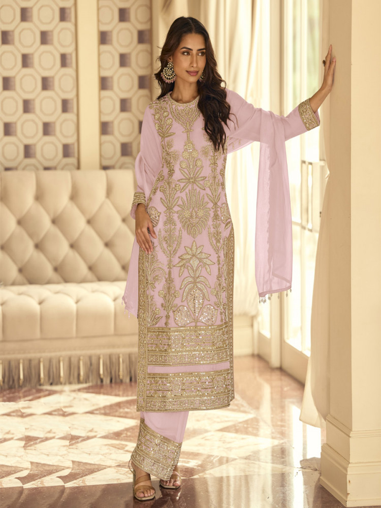 Image of Light Pink Real Premium Georgette Heavy Embroidered Beads Work And Sequins Party Wedding Festival Casual Ready Pant Salwar Kameez