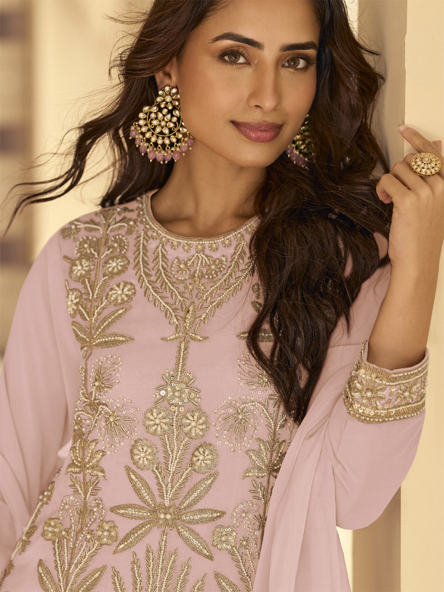 Light Pink Real Premium Georgette Heavy Embroidered Beads Work And Sequins Party Wedding Festival Casual Ready Pant Salwar Kameez