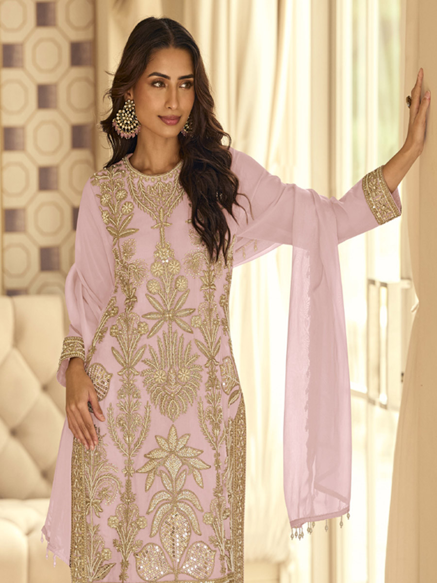 Light Pink Real Premium Georgette Heavy Embroidered Beads Work And Sequins Party Wedding Festival Casual Ready Pant Salwar Kameez