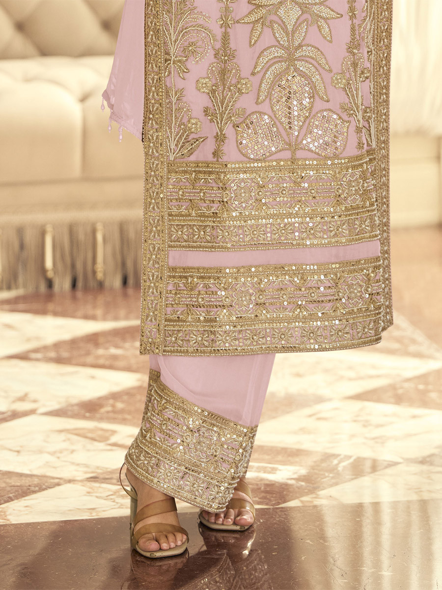 Light Pink Real Premium Georgette Heavy Embroidered Beads Work And Sequins Party Wedding Festival Casual Ready Pant Salwar Kameez