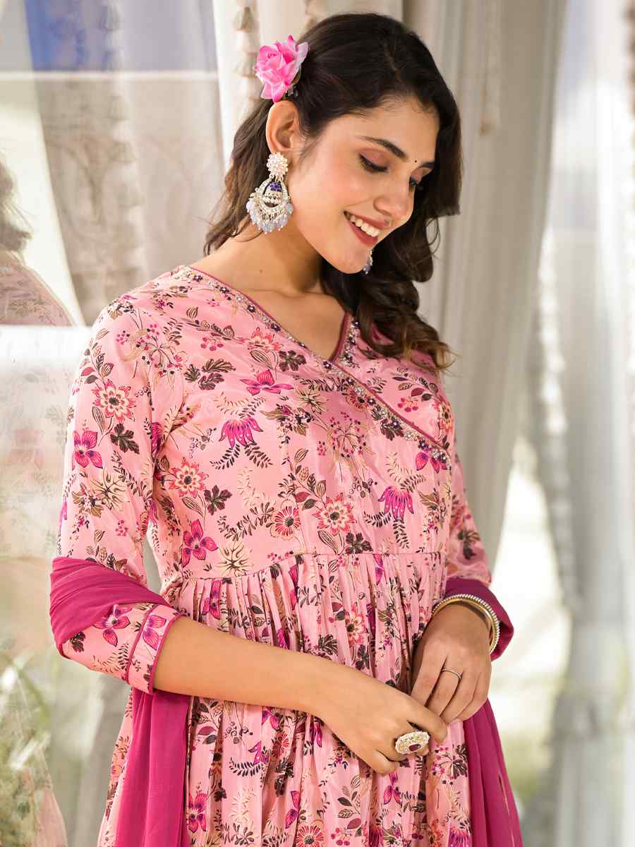 Light Pink Rubi Silk Printed Festival Mehendi Ready Anarkali Salwar Kameez