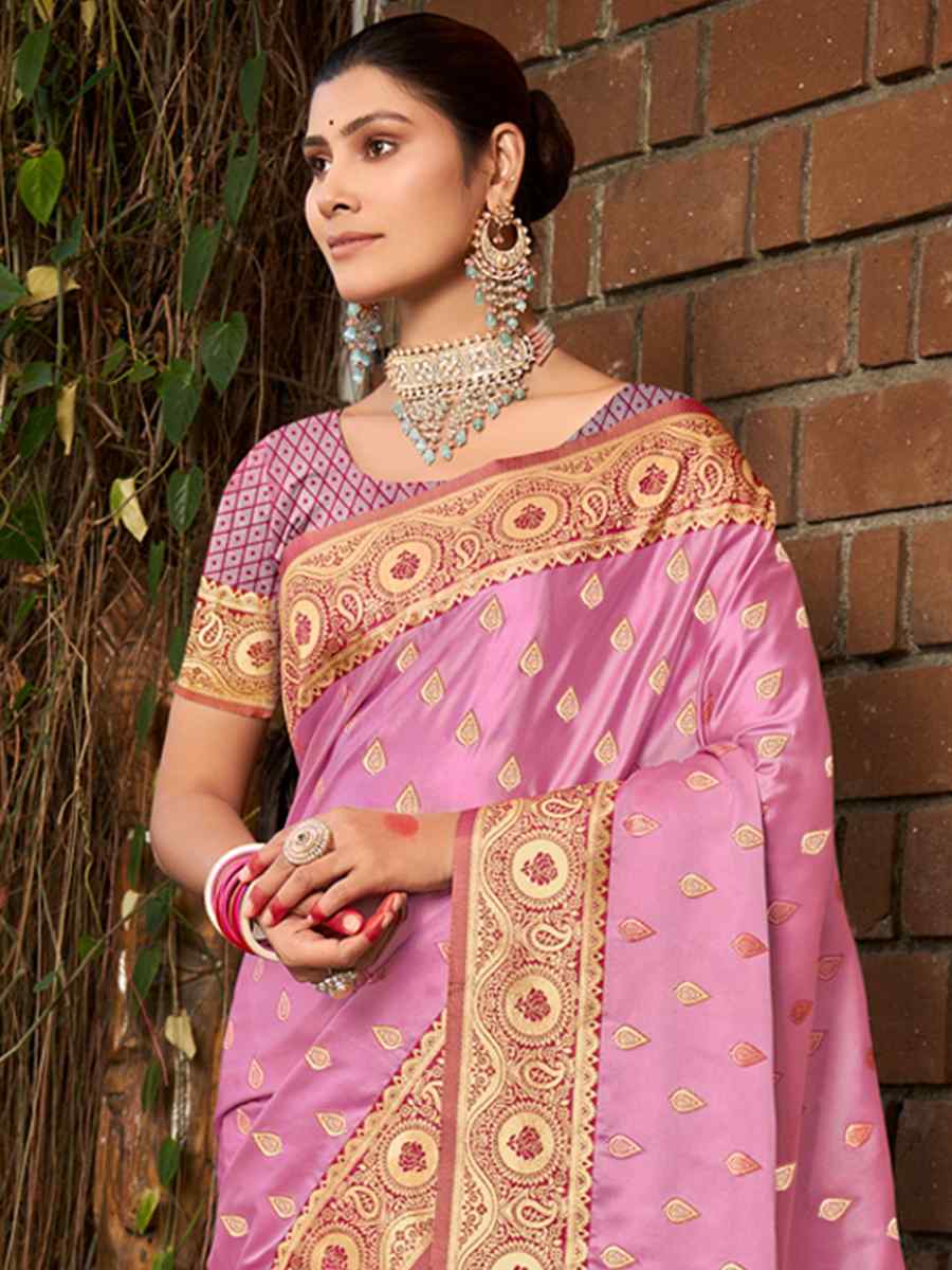 Light Pink Satin Silk Handwoven Wedding Festival Heavy Border Saree