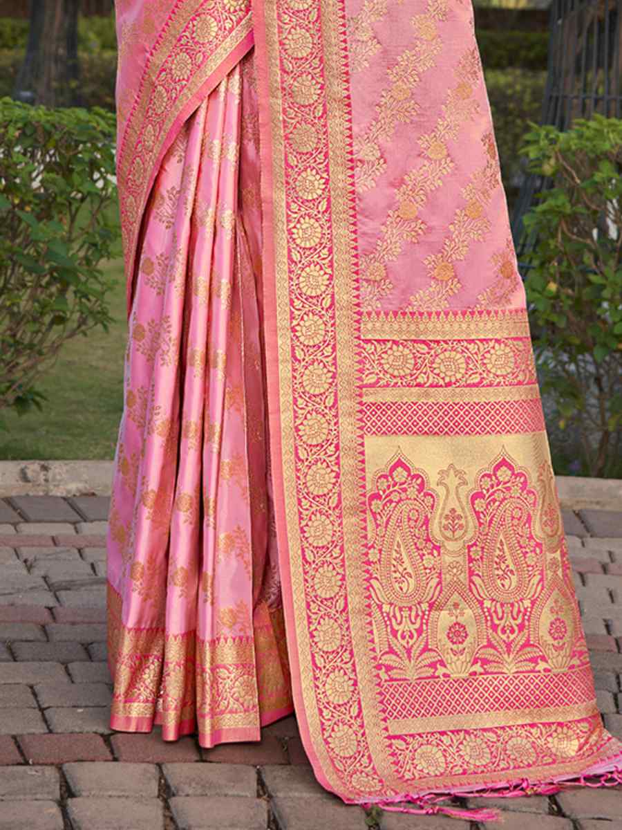 Light Pink Satin Silk Handwoven Wedding Festival Heavy Border Saree