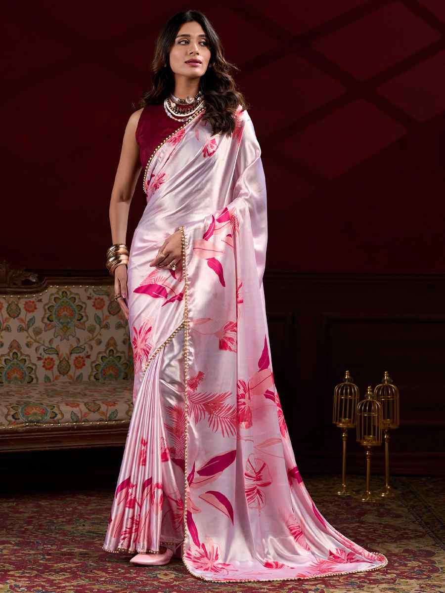 Light Pink Satin Silk Printed Festival Wedding Fancy Heavy Border Saree
