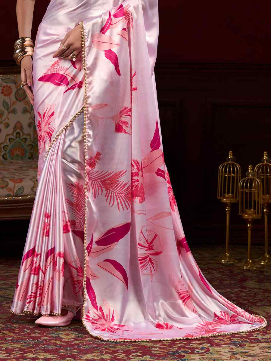 Light Pink Satin Silk Printed Festival Wedding Fancy Heavy Border Saree