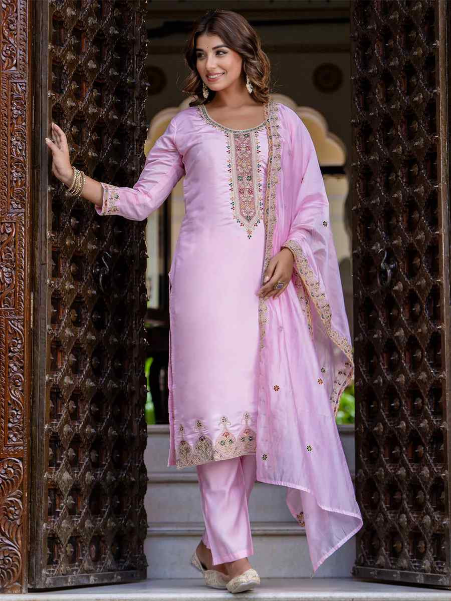 Light Pink Silk Blend Embroidered Mehendi Wedding Ready Pant Salwar Kameez