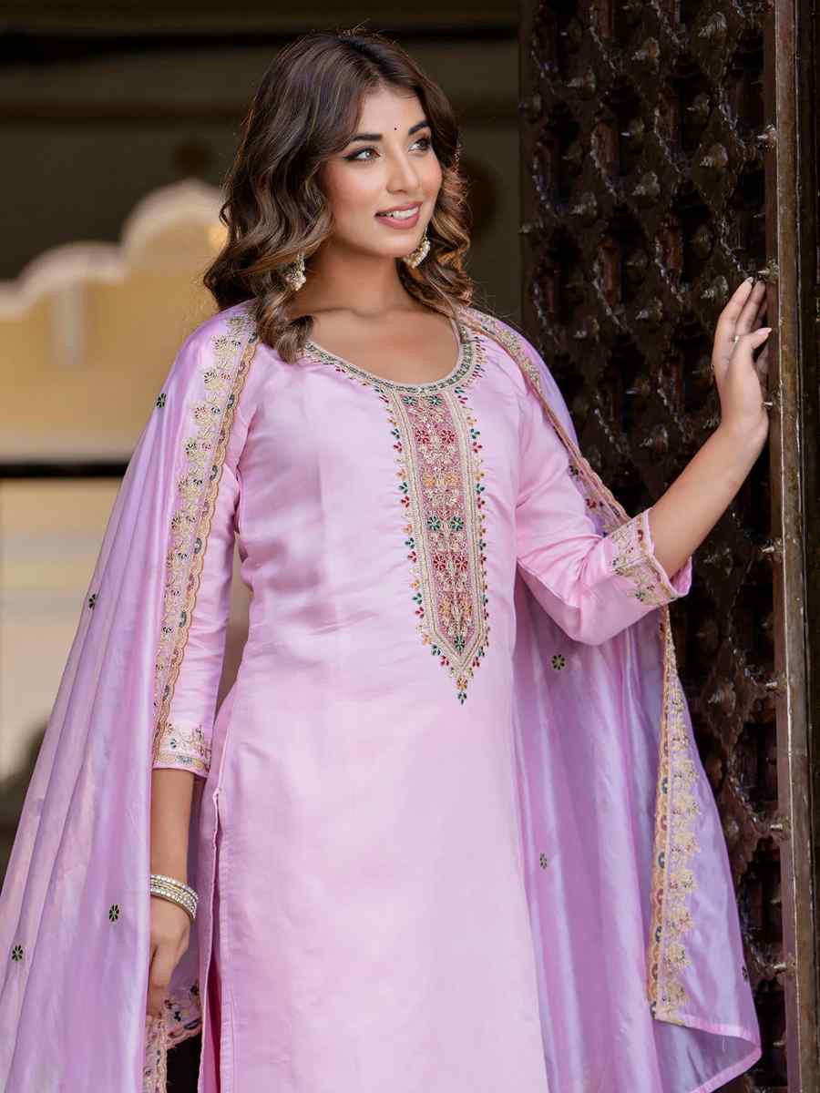 Light Pink Silk Blend Embroidered Mehendi Wedding Ready Pant Salwar Kameez