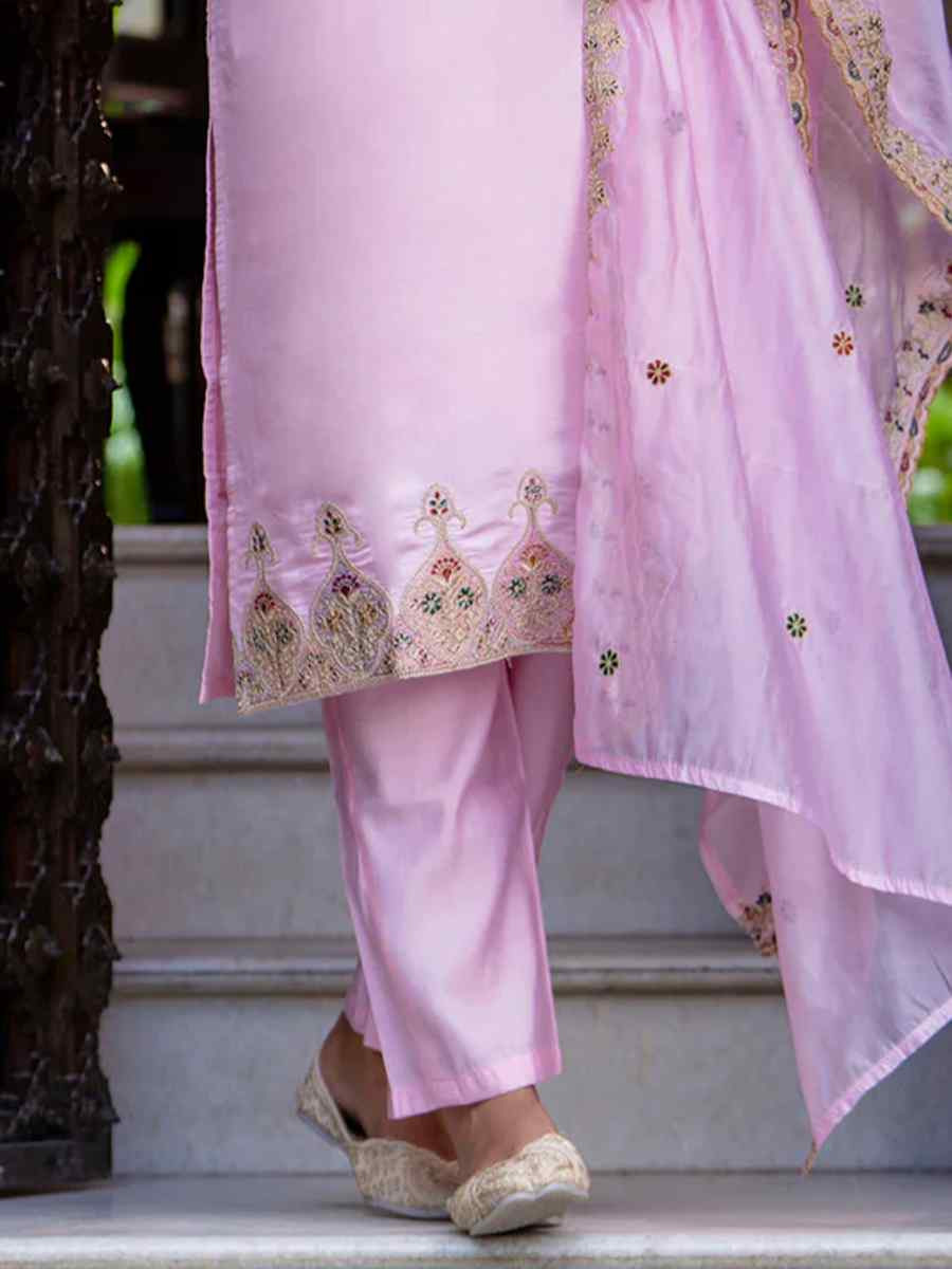 Light Pink Silk Blend Embroidered Mehendi Wedding Ready Pant Salwar Kameez