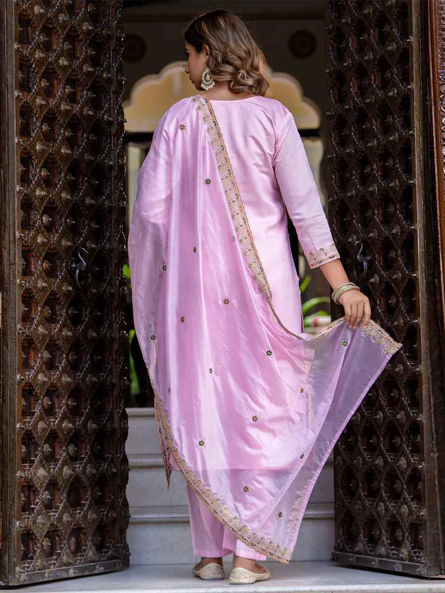 Light Pink Silk Blend Embroidered Mehendi Wedding Ready Pant Salwar Kameez