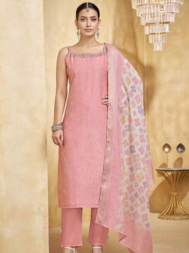 Image of Light Pink Silk Printed Embroidery Party Wedding Festival Casual Ready Pant Salwar Kameez
