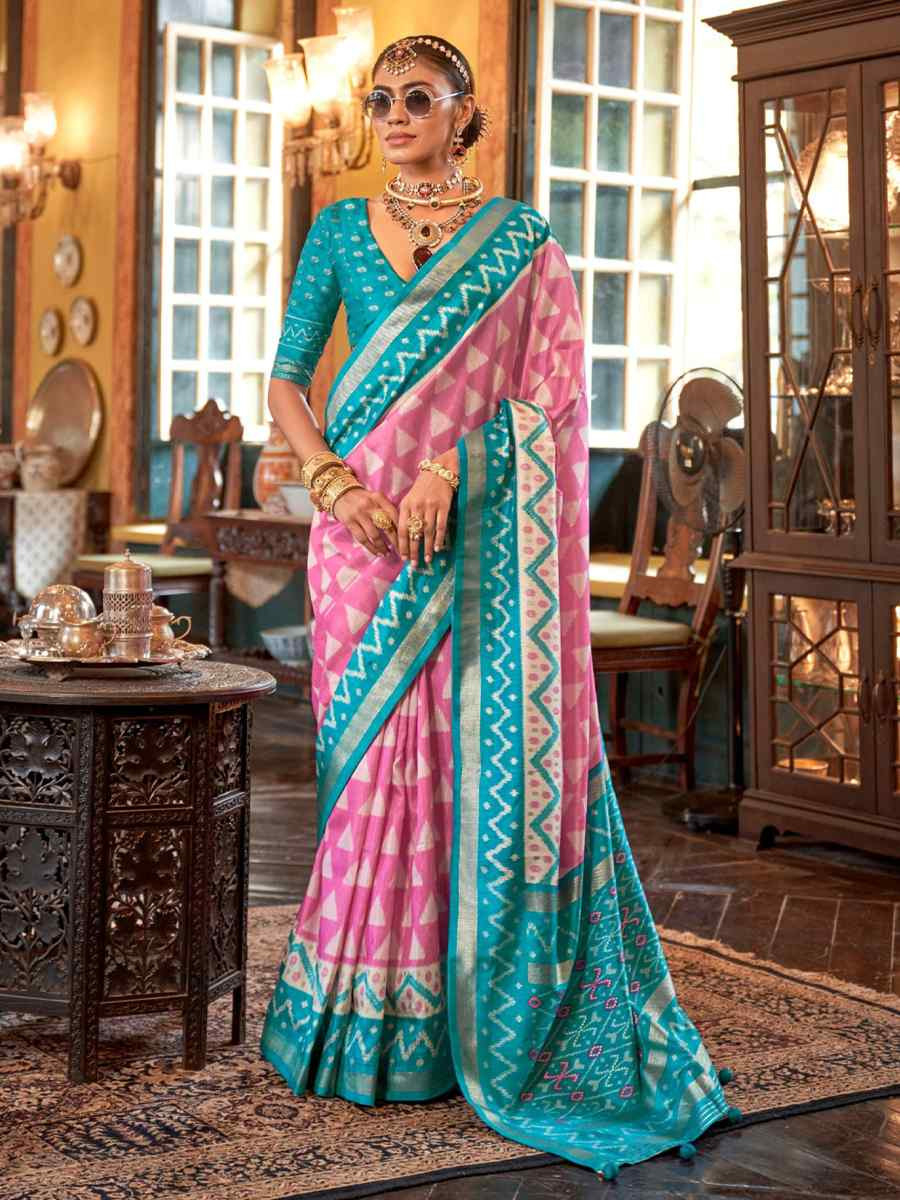 Light Pink Silk Printed Festival Wedding Fancy Heavy Border Saree