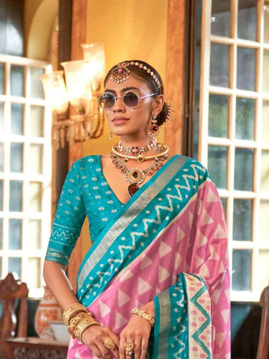 Light Pink Silk Printed Festival Wedding Fancy Heavy Border Saree