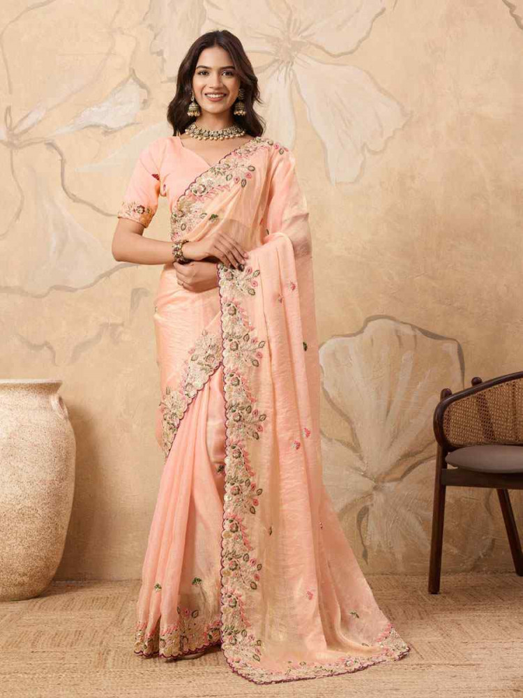 Image of Light Pink Soft Fendy Chiffon Embroidery Bridal Reception Festival Wedding Fancy Heavy Border Saree