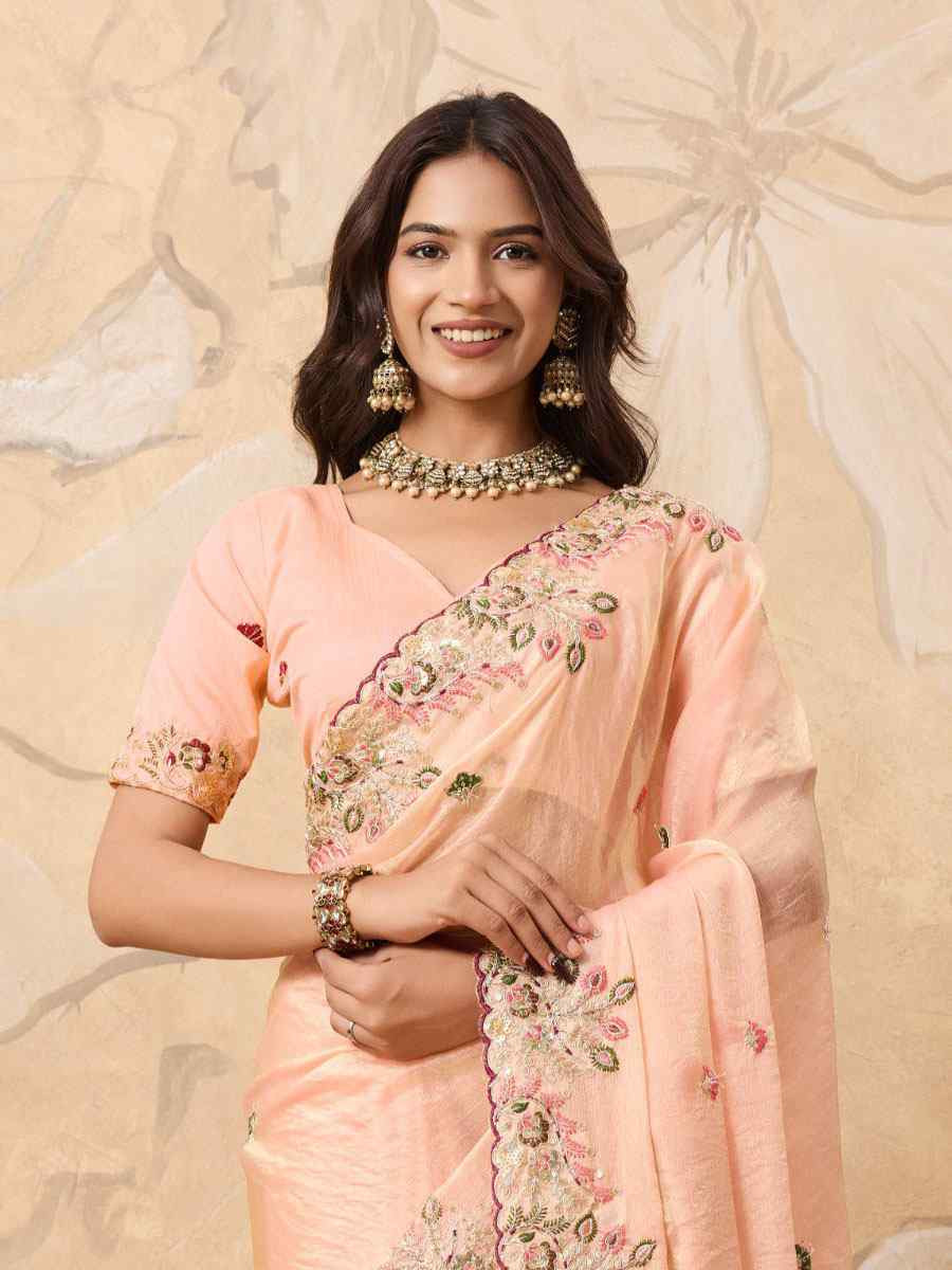 Light Pink Soft Fendy Chiffon Embroidery Bridal Reception Festival Wedding Fancy Heavy Border Saree
