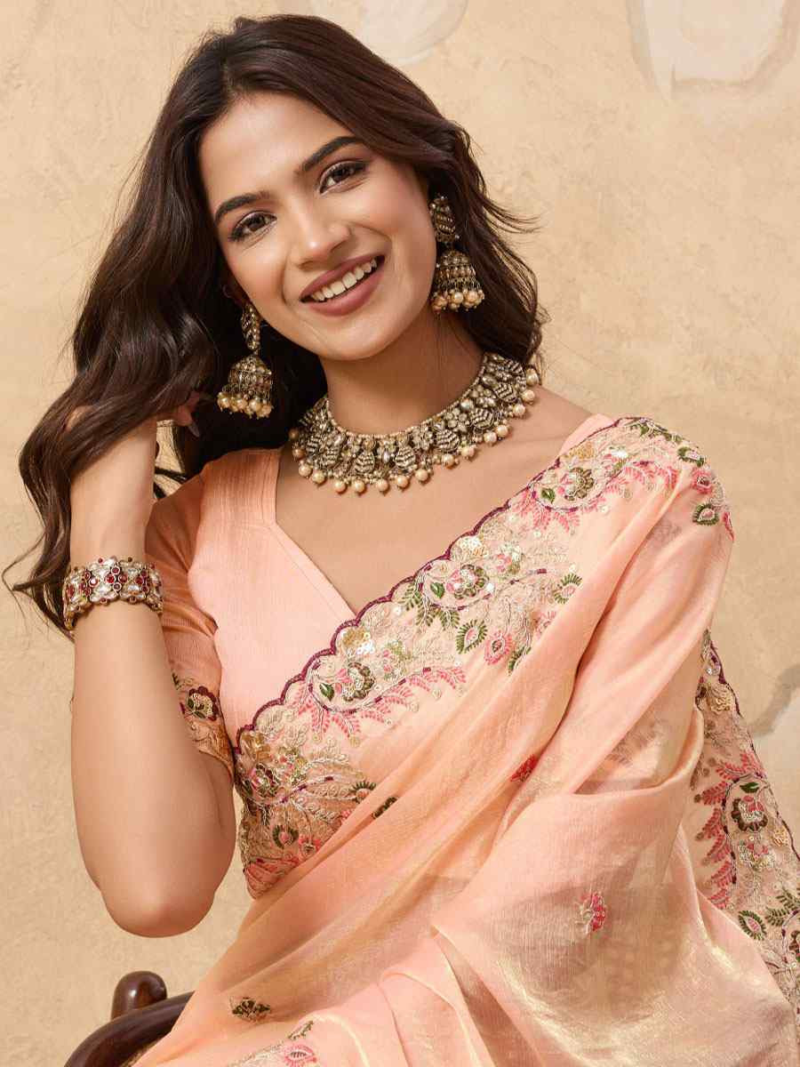 Light Pink Soft Fendy Chiffon Embroidery Bridal Reception Festival Wedding Fancy Heavy Border Saree