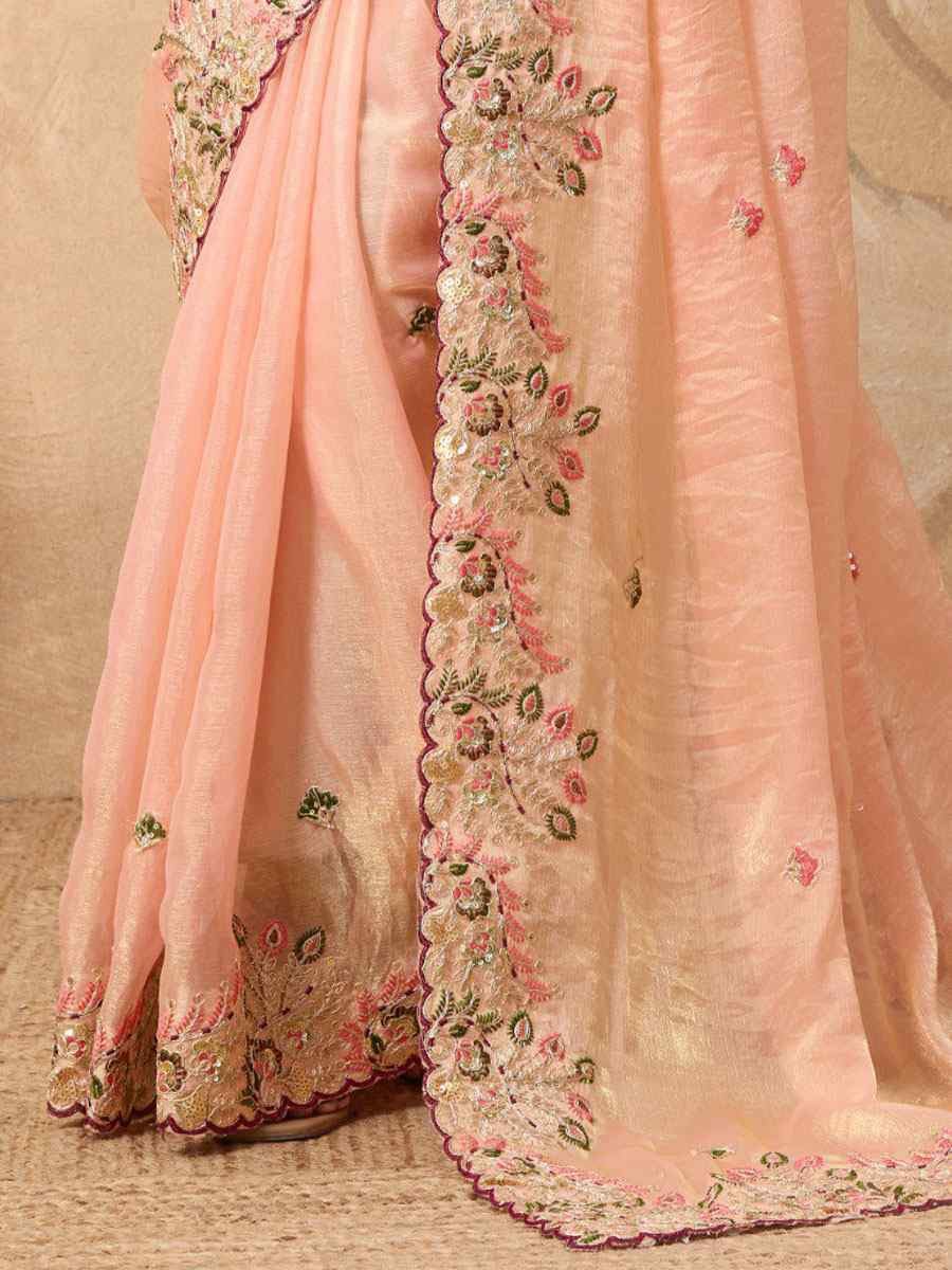 Light Pink Soft Fendy Chiffon Embroidery Bridal Reception Festival Wedding Fancy Heavy Border Saree