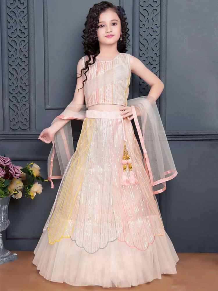 Light Pink Soft Net Embroidered Party Festival Lehengas Girls Wear