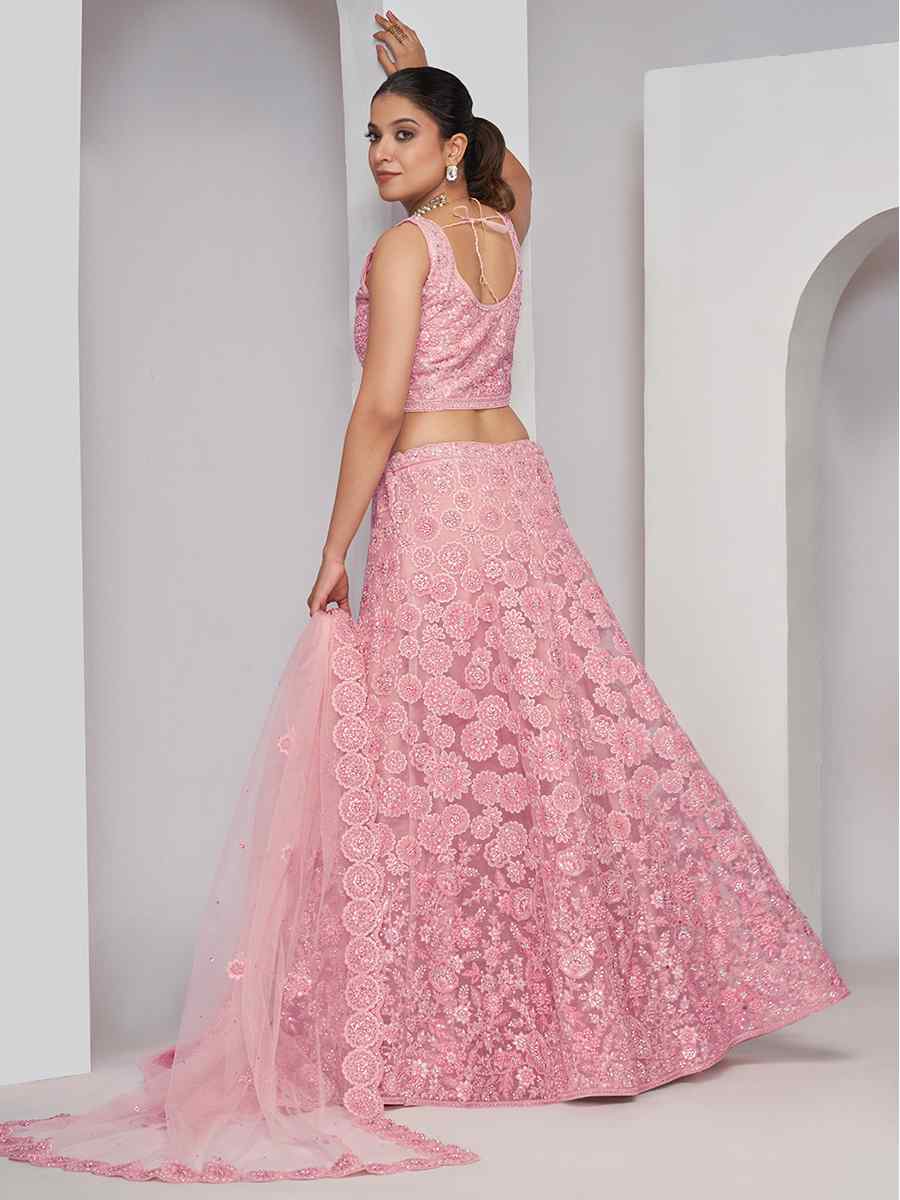 Light Pink Soft Net Embroidery Bridesmaid Wedding Heavy Border Lehenga Choli