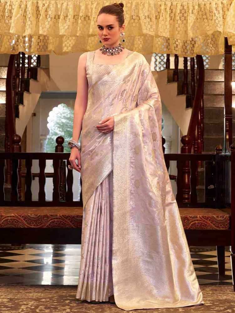 Light Pink Soft Satin Silk Handwoven Festival Wedding Fancy Heavy Border Saree