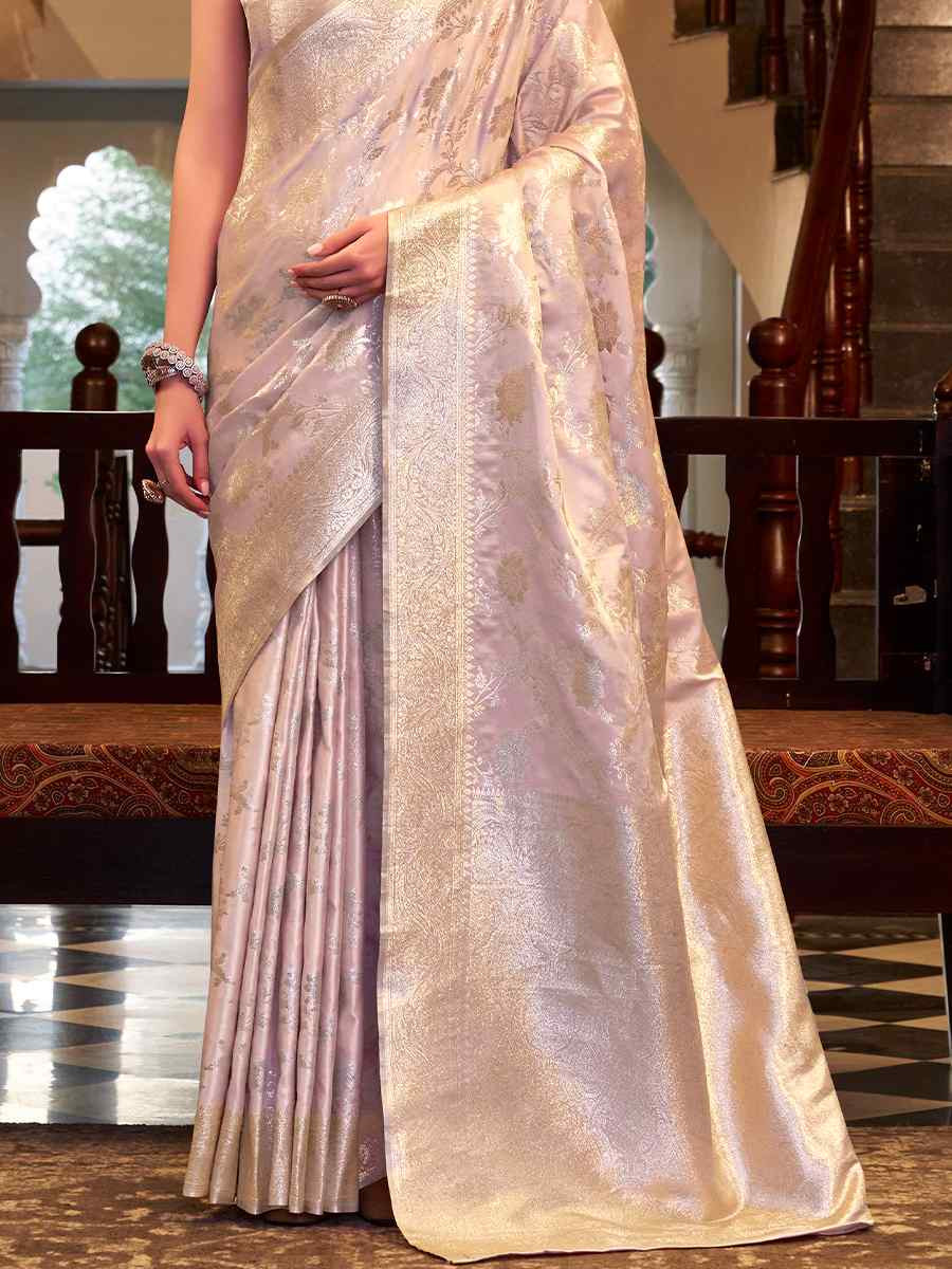 Light Pink Soft Satin Silk Handwoven Festival Wedding Fancy Heavy Border Saree