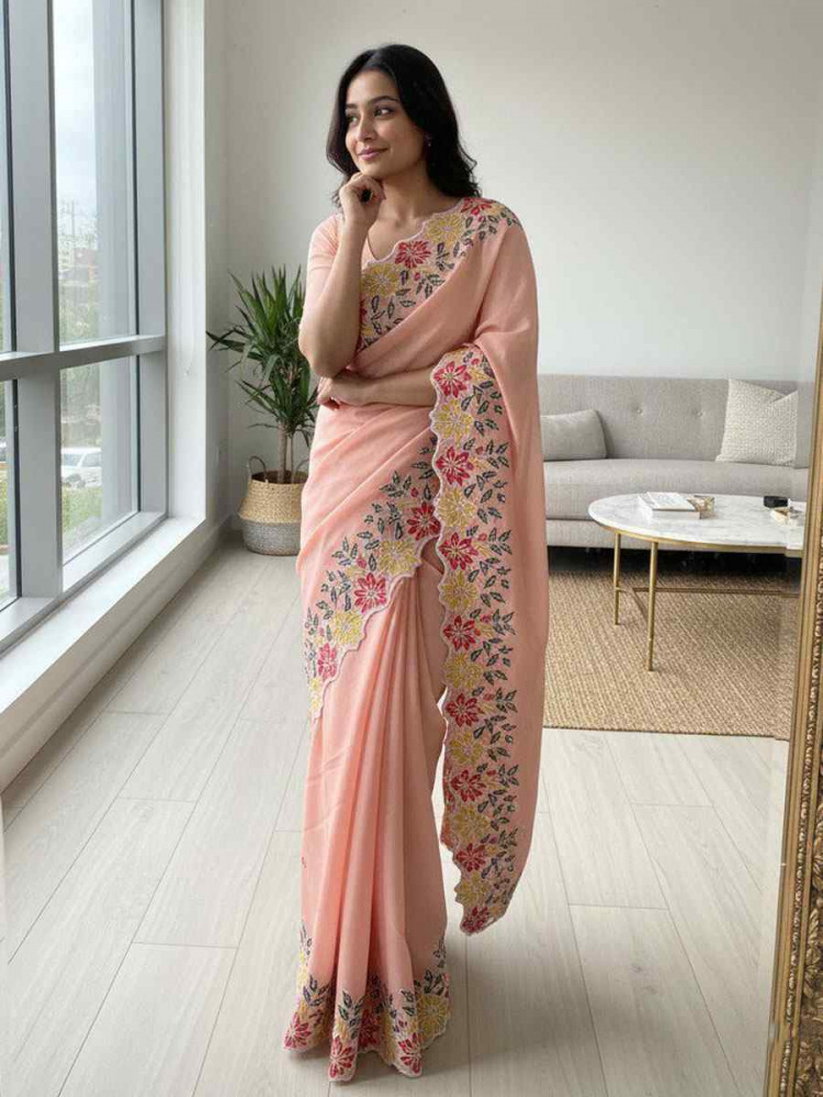 Image of Light Pink Soft Star Georgette Embroidery Bridal Reception Festival Wedding Fancy Heavy Border Saree