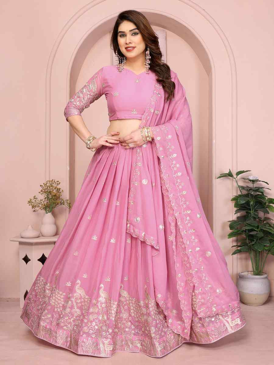 Light Pink Star Georgette Embroidered Festival Wedding Party Reception Heavy Border Lehenga Choli