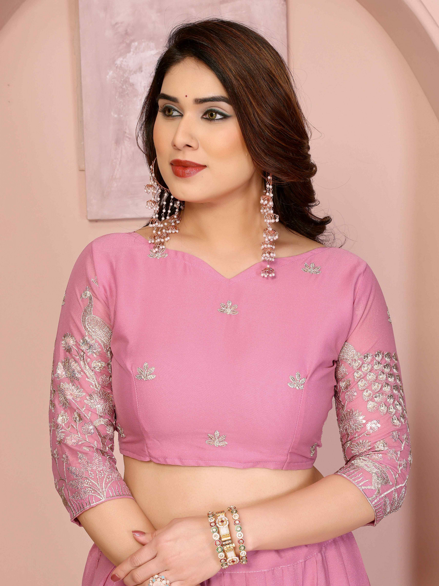 Light Pink Star Georgette Embroidered Festival Wedding Party Reception Heavy Border Lehenga Choli