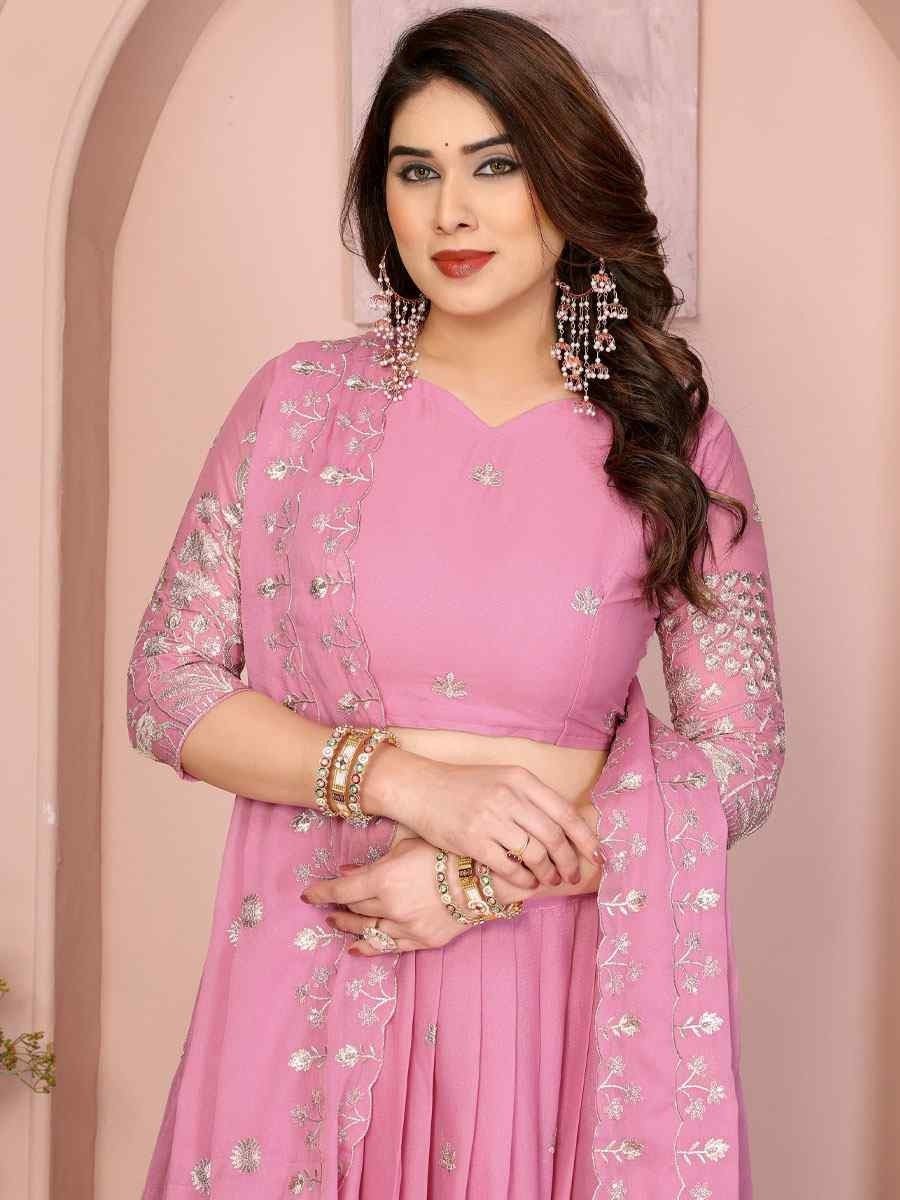 Light Pink Star Georgette Embroidered Festival Wedding Party Reception Heavy Border Lehenga Choli