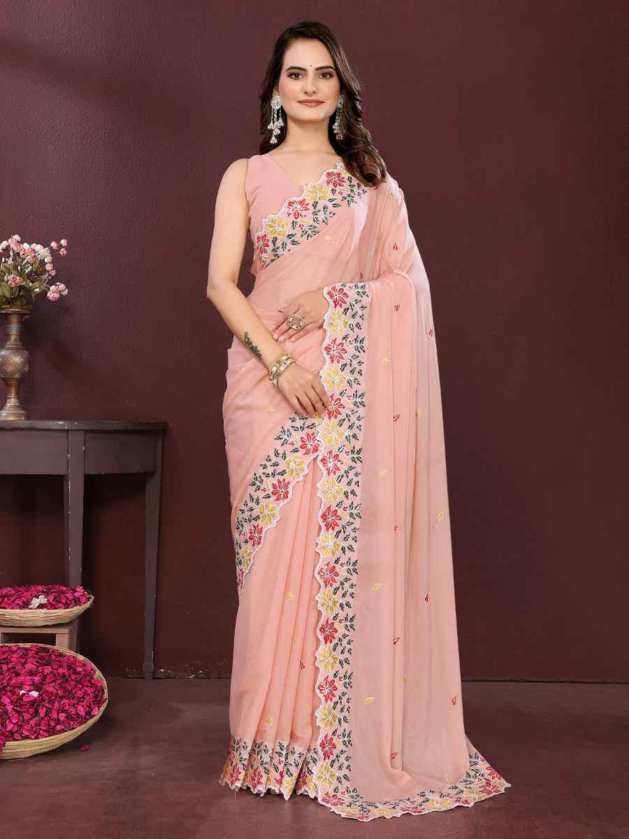Light Pink Star Georgette Embroidery Party Bridal Reception Festival Wedding Fancy Heavy Border Saree
