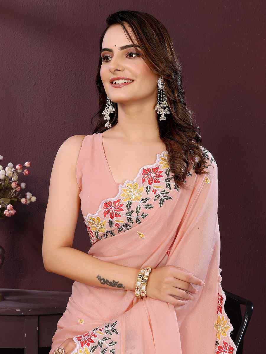 Light Pink Star Georgette Embroidery Party Bridal Reception Festival Wedding Fancy Heavy Border Saree