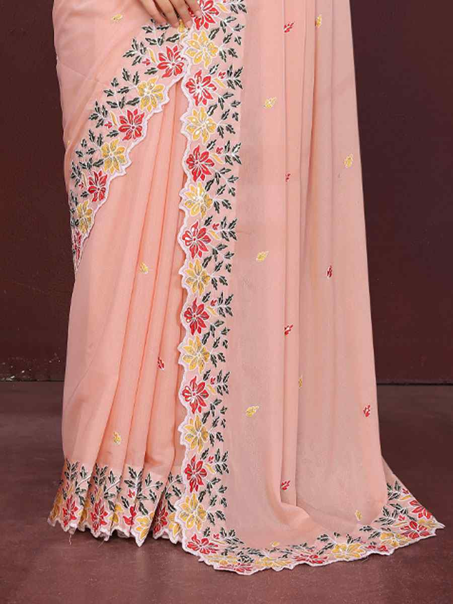 Light Pink Star Georgette Embroidery Party Bridal Reception Festival Wedding Fancy Heavy Border Saree